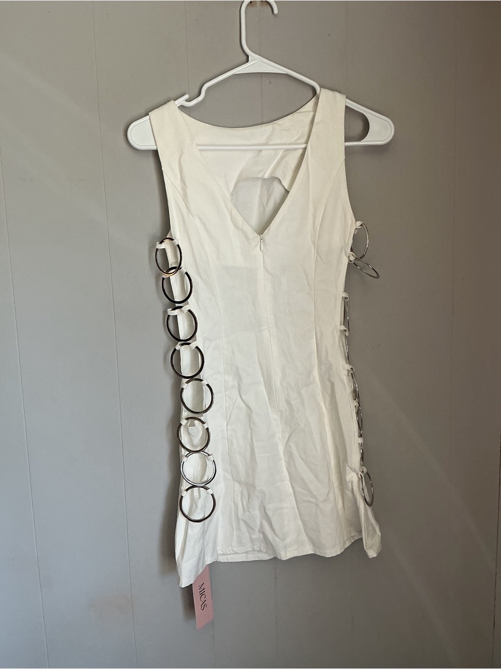 Micas White Mini Dress with Silver Ring Side Detail